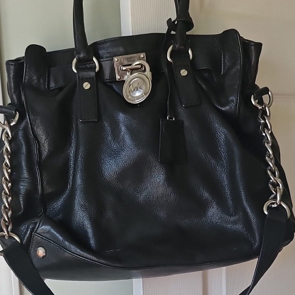 Michael Kors Black Leather Shoulder Bag with Silver Accents